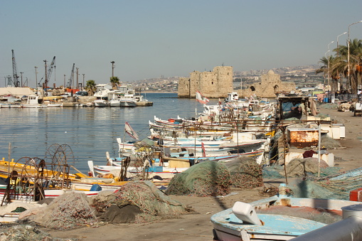 The colorful fishing boats of Sidon on a sunny day. Taken on October 7th, 2010.