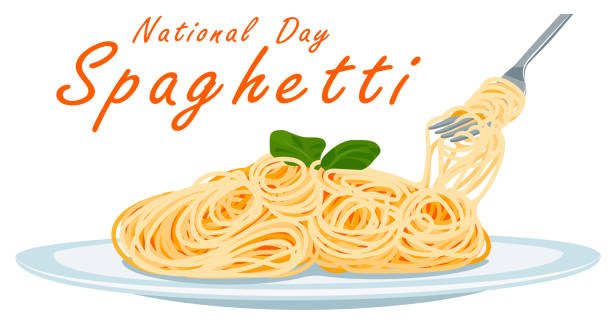 ilustrações de stock, clip art, desenhos animados e ícones de national spaggetti day. spaghetti on a plate. spaghetti fork - spaghetti