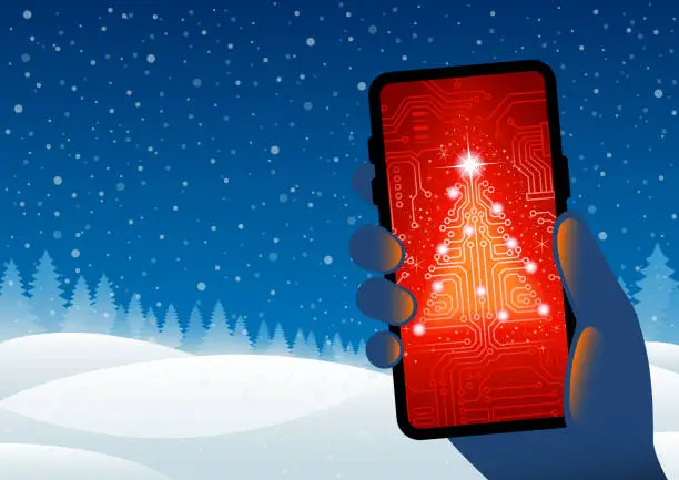 Vector illustration of Technology Christmas - Circuit board Christmas tree on smartphone