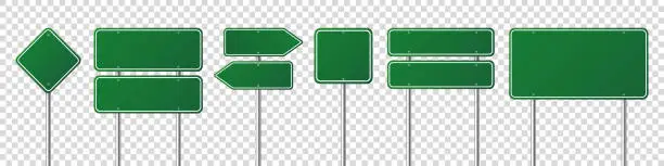 Vector illustration of Road traffic signs set. Blank board with place for text. Mockup. Isolated green information sign. Direction. Vector illustration