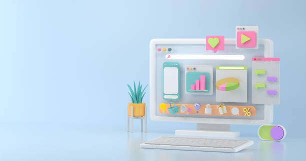 istock 3d rendering of computer mockup and social icon. 1288108182
