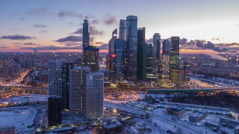 Skyscrapers of Moscow City Business Center and City Skyline in Winter Morning Twilight. Aerial View