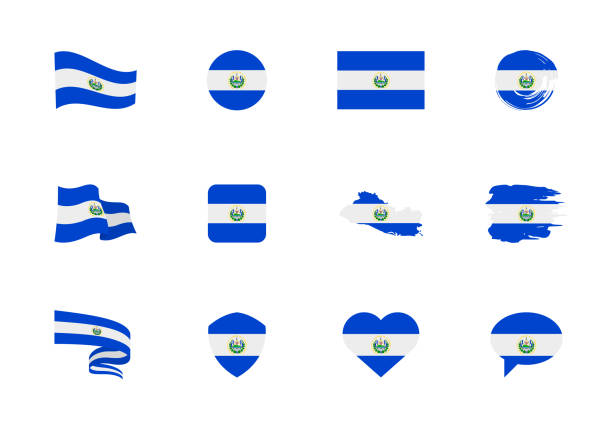 ilustraciones, imágenes clip art, dibujos animados e iconos de stock de bandera de el salvador - colección plana. banderas de diferentes formas doce iconos planos. - salvadoran flag