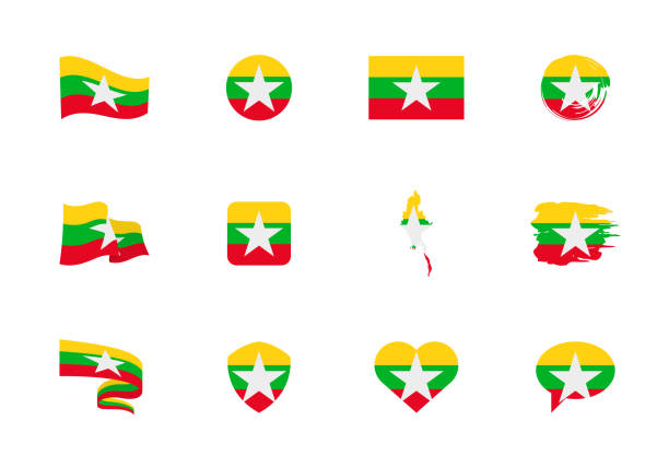 ilustrações, clipart, desenhos animados e ícones de bandeira de mianmar - coleção plana. bandeiras de diferentes ícones planos em forma diferente. - burmese flag