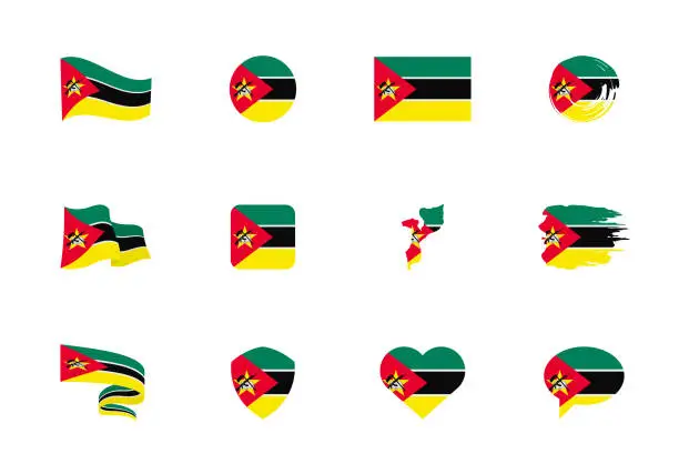 Vector illustration of Mozambique flag - flat collection. Flags of different shaped twelve flat icons.