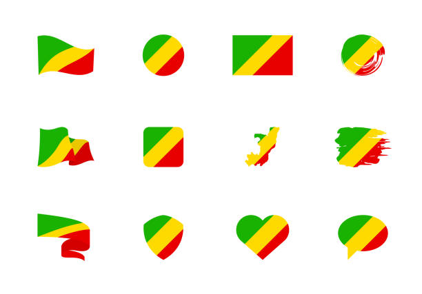kongo-flagge - flache sammlung. flaggen von unterschiedlich geformten zwölf flachen ikonen. - pointe noire stock-grafiken, -clipart, -cartoons und -symbole