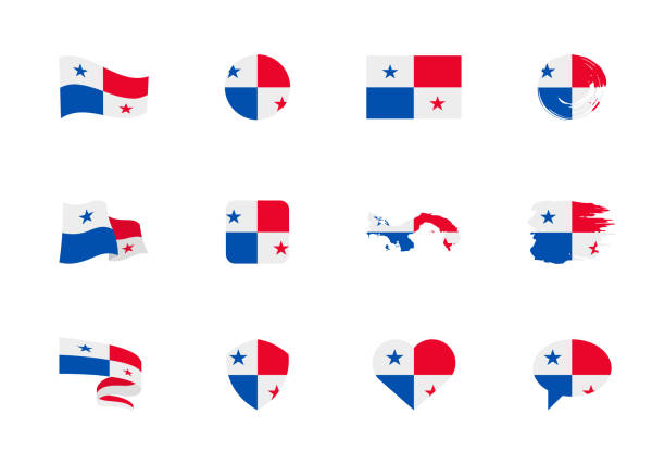 Panama flag - flat collection. Flags of different shaped twelve flat icons. Panama flag - flat collection. Flags of different shaped twelve flat icons. Vector illustration set panama illustrations stock illustrations
