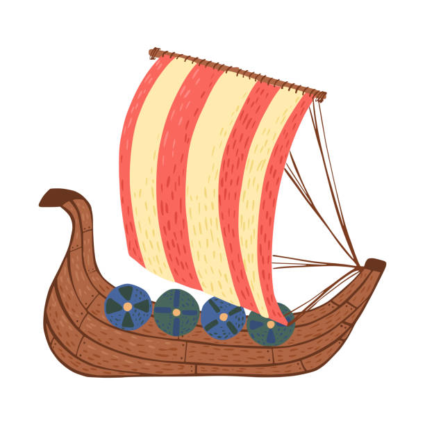 Galley isolated on white background. Cartoon Viking ship made of wood in doodle style. Galley isolated on white background. Cartoon Viking ship made of wood in doodle style vector illustration. phoenicia stock illustrations