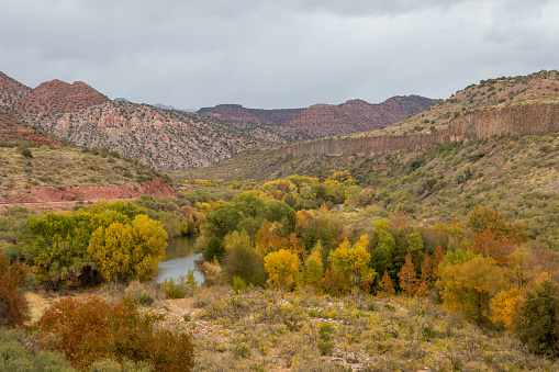 the scenic landscape of the Verde River Canyon Arizona in autumn