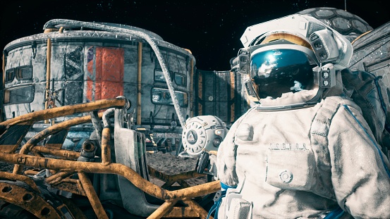 An astronaut stands beside his lunar rover at the space moon base. View of the future lunar colony.