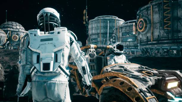 istock An astronaut approaches his rover at the space base of the future. 3D Rendering. 1288121415