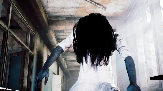 A horrible girl in a white dress, looking like a zombie, moves through an abandoned mystical house. View of an abandoned apocalyptic corridor and spooky girl.