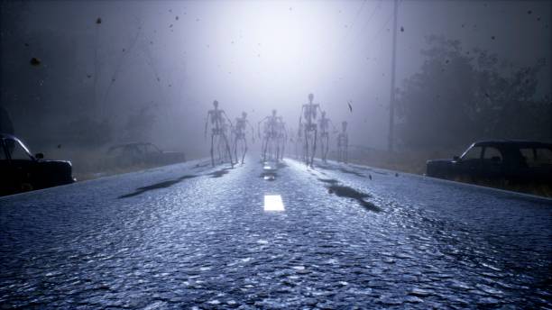 신비한 버려진 길을 따라 어두운 해골 군대가 걷고 있습니다. 버려진 종말의 안개 도로의 전망. 3d 렌더링. - gothic style road car spooky 뉴스 사진 이미지