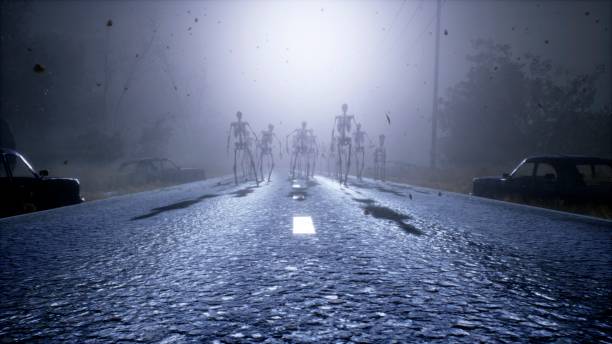 um exército escuro de esqueletos está caminhando ao longo de uma estrada mística abandonada. vista de uma estrada apocalíptica abandonada. renderização 3d. - gothic style road car spooky - fotografias e filmes do acervo