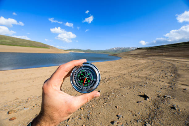 istock man hand compass in lake background 1288122063
