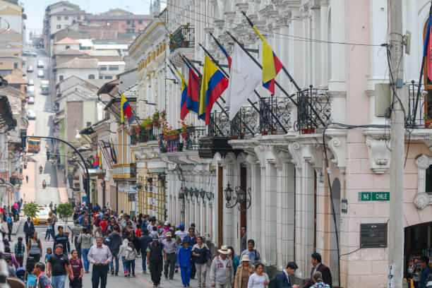 Quito, Ecuador - March 23, 2020: People on the busy streets Quito Ecuador