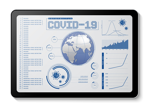Covid-19 data on digital table, white background