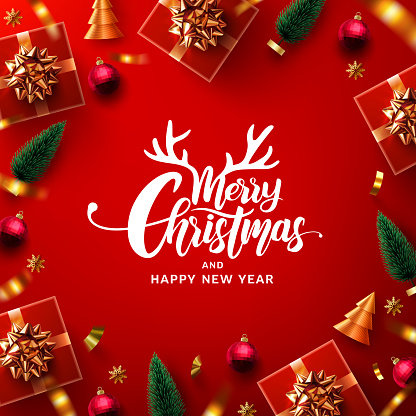 Merry Christmas & Happy New Year Promotion Poster or banner with red gift box  and christmas element for Retail,Shopping or Christmas Promotion in red and gold style.