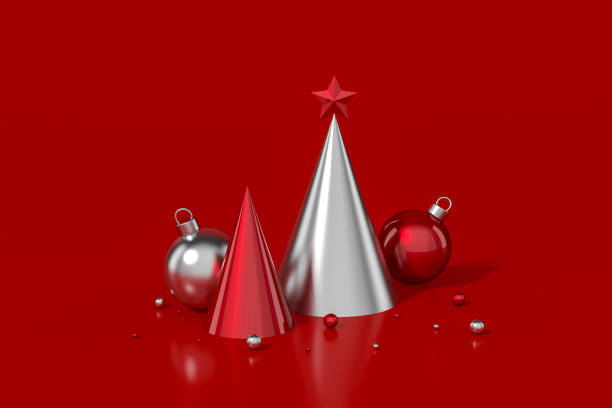 istock Red and Silver cone geometric with red shape star and christmas ball on red background 3d rendering. 3d illustration minimal style christmas and new year concept. 1288130571