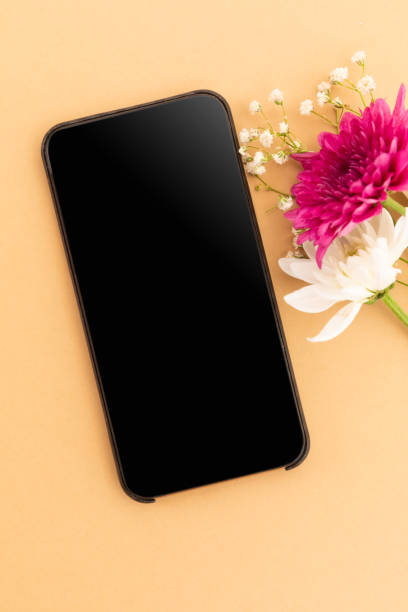 istock Smartphone with blank screen and pink and white flowers on yellow background 1288131788