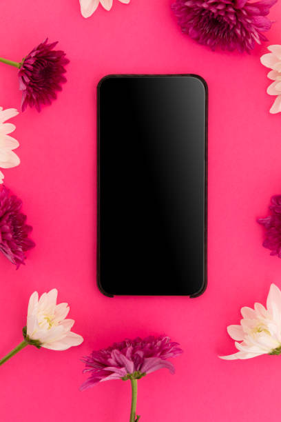 istock Smartphone with blank screen and pink and white flowers on pink background 1288132202