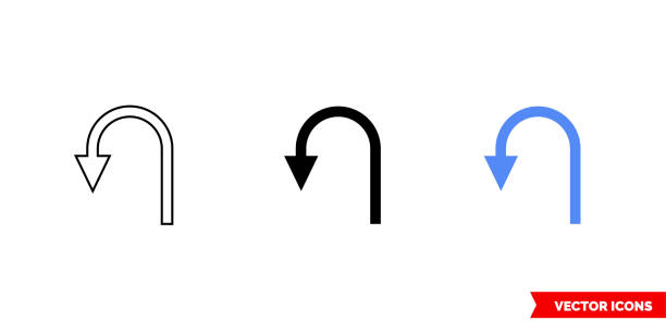 3 가지 유형의 u 턴 아이콘, 흑백, 윤곽선. 격리된 벡터 기호 기호 - 유턴 일러스트 stock illustrations