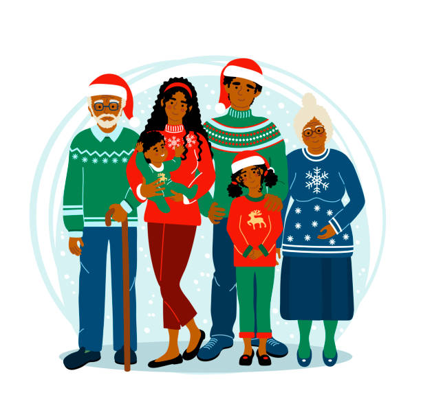 счастливая афро-американская семья на рождество, оставаясь вместе. дети с родителями, бабушками и дедушками. симпатичный вектор иллюстраци - family large american culture fun stock illustrations