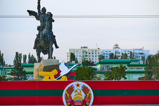 Tiraspol, Transnistria, Moldova - August 25, 2020: downtown of the city, the road through central square and urban environment