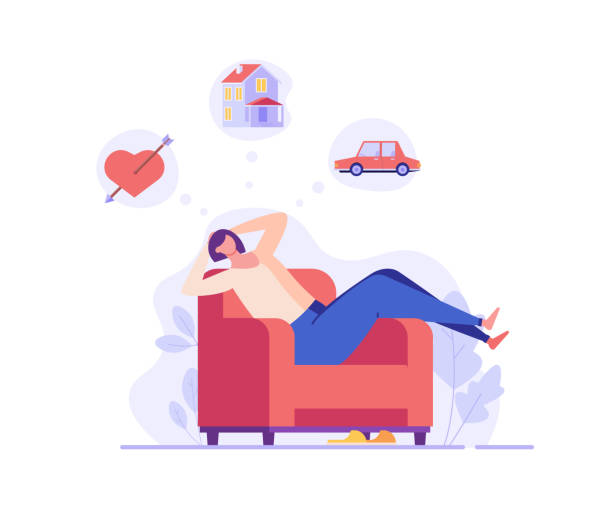 kobieta siedząca na kanapie i marząca o miłości, domu, samochodzie. koncepcja relaksu, odpoczynku, komfortu w domu, wizualizacji marzeń, weekendu, marzeń, składa życzenia. ilustracja wektorowa w płaskiej konstrukcji - snow stock illustrations