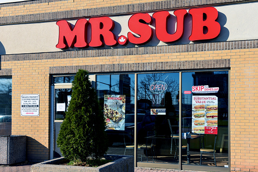 Ottawa, Canada - November 8, 2020: Mr. Sub store on Carling Avenue. Mr. Sub is a  Canadian chain of over 200 submarine sandwich shops, founded in 1968 in Toronto.  It is now owned by MTY Food Group a Canadian franchisor of restaurants