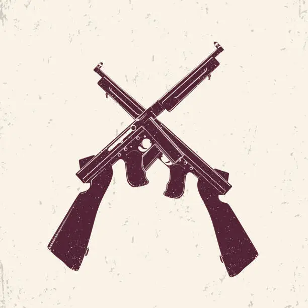 Vector illustration of american submachine guns, two crossed firearms