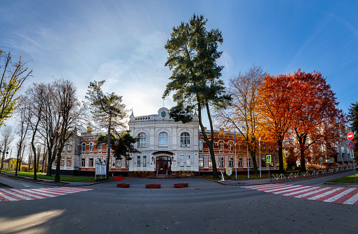 Khmelnytsky. Ukraine. November 22, 2020. The building of the City Council in the city of Khmelnitsky on an autumn day.