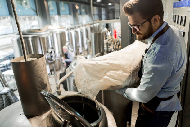 młodzi mężczyźni są w browarze rzemieślniczym z torbą jęczmienia - brewery beer barley cereal plant zdjęcia i obrazy z banku zdjęć