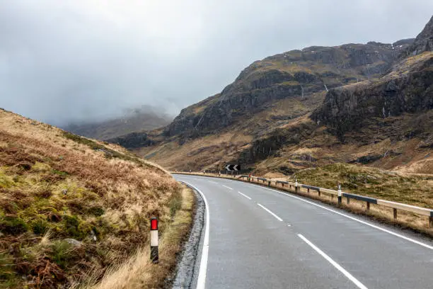 A corner on the main road through Glencoe's dramatic scenery, Scotland.