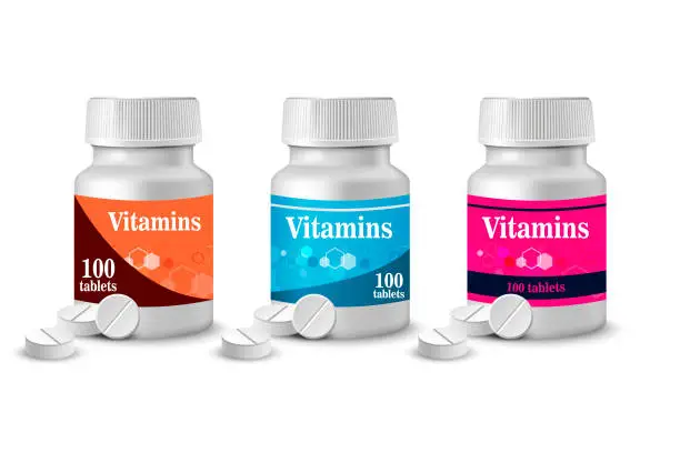 Vector illustration of Design template for a bottle with vitamins. A jar with medications. Vector label design for jars with medicines.
