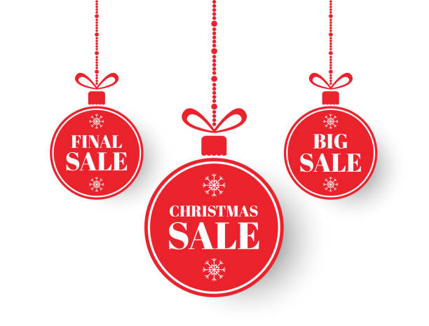 Christmas labels. Red xmas balls with sign sale, special offer. Merry Christmas and New Year sale balls. Holiday price design elements. Winter tag. Red circle banner with bow. Vector illustration Christmas labels. Red xmas balls with sign sale, special offer. Merry Christmas and New Year sale balls. Holiday price design elements. Winter tag. Red circle banner with bow. Vector illustration christmas ornament stock illustrations