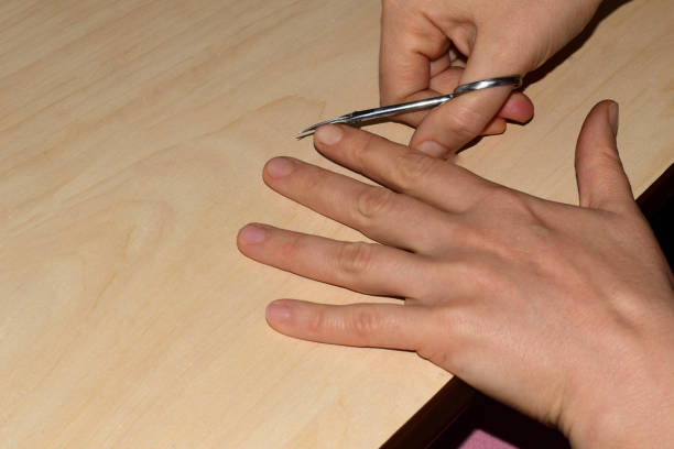 istock woman with scissors trims her fingernails. 1288140552