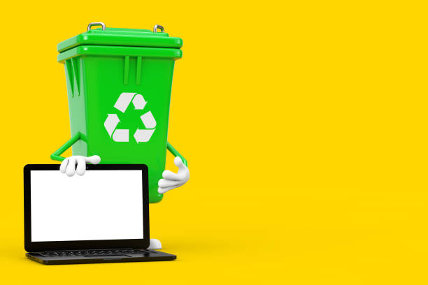 istock Recycle Sign Green Garbage Trash Bin Character Mascot and Modern Laptop Computer with White Screen for Your Design. 3d Rendering 1288143294