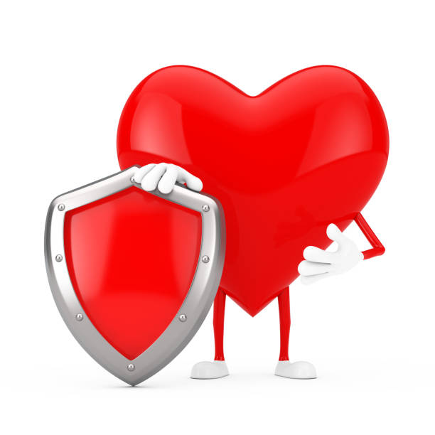istock Red Heart Character Mascot with Red Metal Protection Shield. 3d Rendering 1288144811