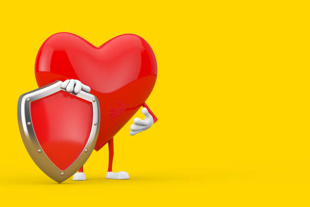 istock Red Heart Character Mascot with Red Metal Protection Shield. 3d Rendering 1288144985