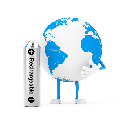 Earth Globe Character Mascot with Rechargeable Battery on a white background. 3d Rendering