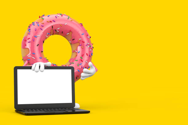 istock Big Strawberry Pink Glazed Donut Character Mascot with Modern Laptop Computer Notebook and Blank Screen for Your Design. 3d Rendering 1288147122