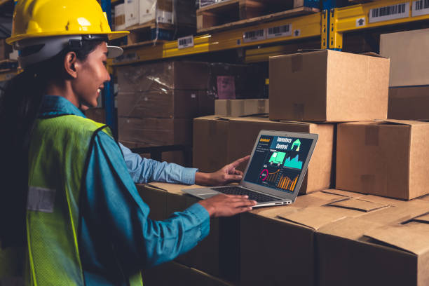 istock Warehouse management software application in computer for real time monitoring 1288148413