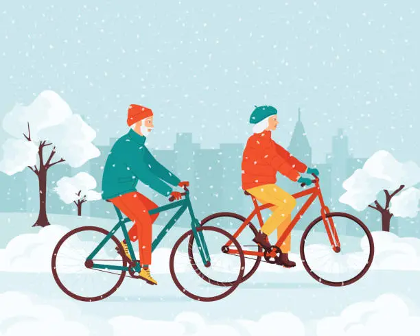 Vector illustration of Healthy happy elderly gray-haired man and woman riding bicycles in winter in a city park. Outdoor activities concept for retired elderly couple. Active healthy seniors. Vector illustration