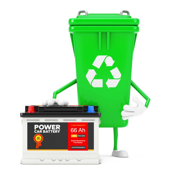 Recycle Sign Green Garbage Trash Bin Character Mascot  and Rechargeable Car Battery 12V Accumulator with Abstract Label. 3d Rendering Recycle Sign Green Garbage Trash Bin Character Mascot  and Rechargeable Car Battery 12V Accumulator with Abstract Label on a white background. 3d Rendering 12v stock pictures, royalty-free photos & images