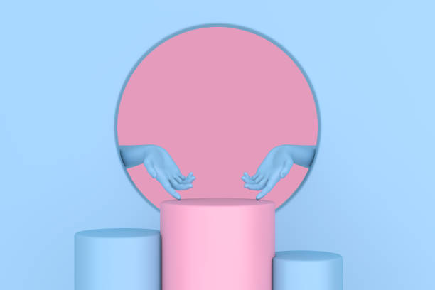 istock Blue Abstract Hands with Pink and Blue Pedestal Promo Stands. 3d Rendering 1288150015