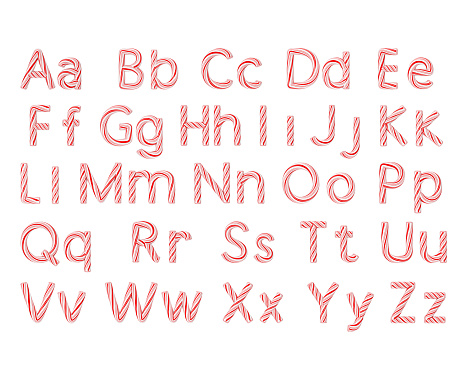 Set of Letters from A to Z Mint Candy Cane Alphabet Collection Striped in Red Christmas Colour on a white background. 3d Rendering