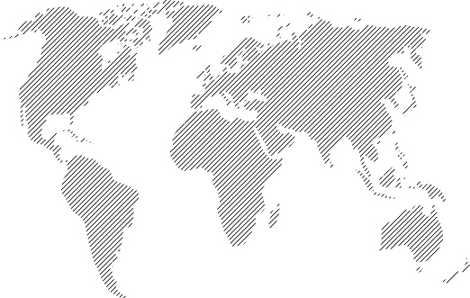 World map from pattern of black slanted parallel lines. Vector illustration.