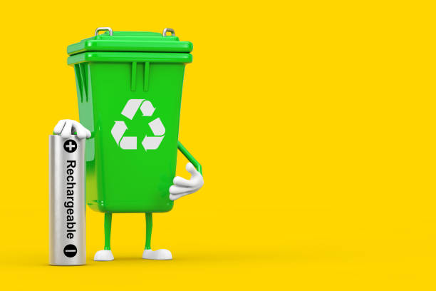 istock Recycle Sign Green Garbage Trash Bin Character Mascot with Rechargeable Battery. 3d Rendering 1288152325