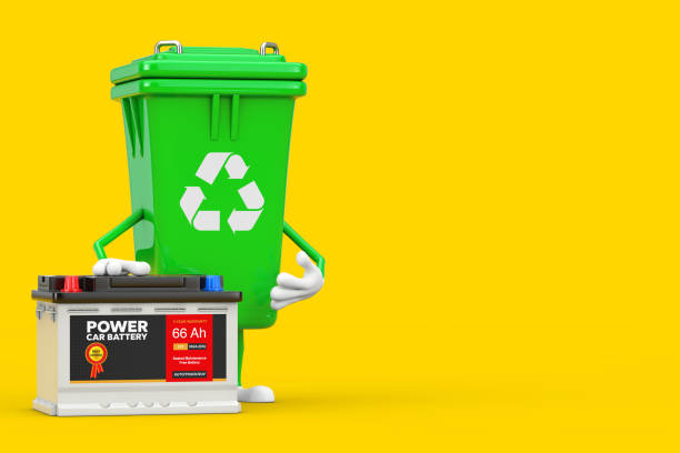 Recycle Sign Green Garbage Trash Bin Character Mascot  and Rechargeable Car Battery 12V Accumulator with Abstract Label. 3d Rendering Recycle Sign Green Garbage Trash Bin Character Mascot  and Rechargeable Car Battery 12V Accumulator with Abstract Label on a yellow background. 3d Rendering 12v stock pictures, royalty-free photos & images